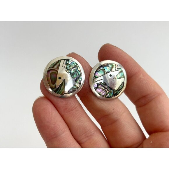 Abalone Gazelle Figural Modernist Taxco Sterling Silver Mexica Southwest Studs - Picture 6 of 10